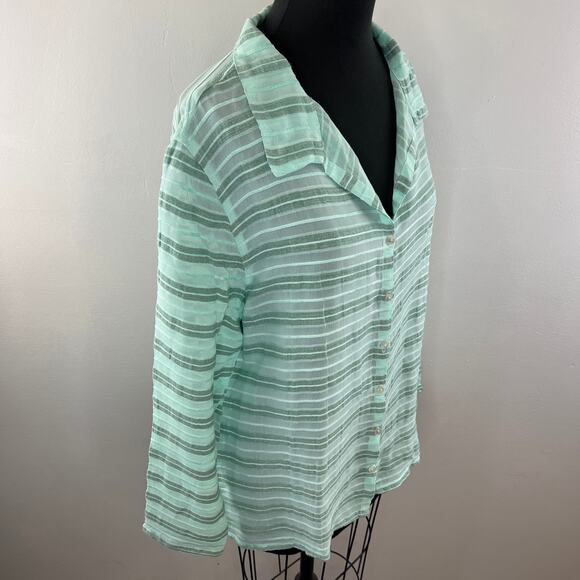 Fresh Produce Green Stripe Linen Collar V-Neck Button-Up Long Sleeve Top XL - Picture 4 of 7